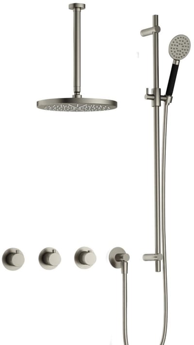 Hotbath Cobber IBS70 inbouw regendoucheset met ronde handdouche aan glijstang en 20cm ronde hoofddouche aan 30cm plafondarm geborsteld nikkel