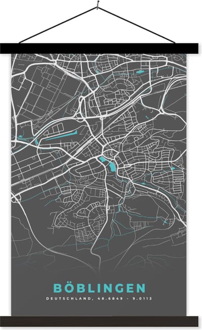 Posterhanger incl. Poster 40x60 cm - Schoolplaat - Stadskaart – Plattegrond – Duitsland – Blauw – Böblingen – Kaart - Textielposter - Zwarte latten - Stadskaart