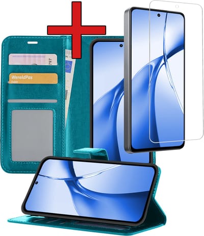 Hoesje - Met Screenprotector - Geschikt voor OnePlus Nord CE4 - Luxe Pasjeshouder - Flipcase - Bookcase Portemonee - Flip Case - Kunstleer Book Case - Book Cover - Walletcase - Portemonneehoes - Telefoonhoes - Turquoise