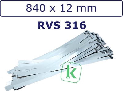 PRO-TIE® - Tyraps, kabelbinders RVS 316 staal - 840 x 12 mm (Zak 100 stuks) (tiewrap/tyrap/tie-wrap/bundelbandje/colsonbandje/)