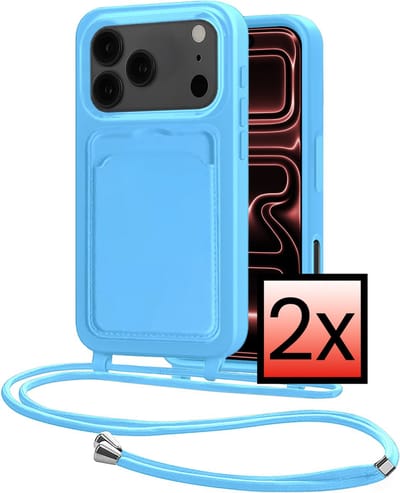 Hoes Geschikt voor iPhone 17 Pro Max Hoesje Pasjeshouder Cover Met Koord Case Siliconen Hoes Met Telefoonkoord en Kaarthouder - Lichtblauw - 2 PACK
