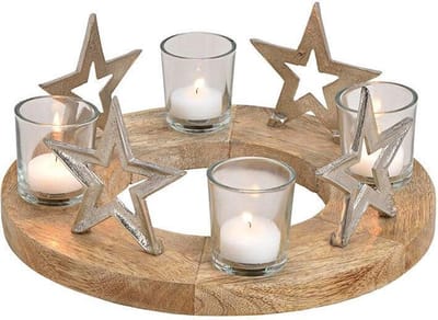 Kaarsen houder kandelaar Ster decor, metaal, glas, mangohout, zilver