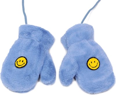 Kinderwanten smiley - blauw - maat 4 - faux fur wanten voor kind - blauw/geel - 6 tot 8 jaar - STUDIO Ivana