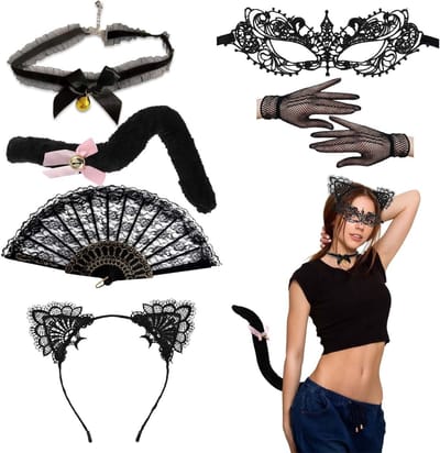 Verleidelijke Dames Catwoman Kostuum Set met Kanten Masker, Oren, Handschoenen en Choker - Perfect voor Halloween en Cosplay Feestjes