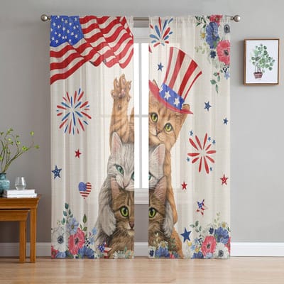 Amerikaanse Vlag Klaproos Kat Transparante Raamgordijnen Voor Woonkamer Keuken Kinder Slaapkamer Voile Hanggordijn 135W x 114H(cm) white