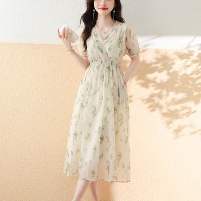 Bloemenjurk voor Dames in Zomer Nieuwe Stijl Taille-sluitend en Slankmakend Thee Pauze Franse Chiffon Jurk 2XL beige