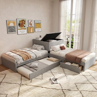 MEUNIQ hoekbed 90x200 cm met uitschuifbed, opbergkast en 2 lades, gestoffeerd bed met lattenbodem, zonder matras, voor slaapkamer, grijs