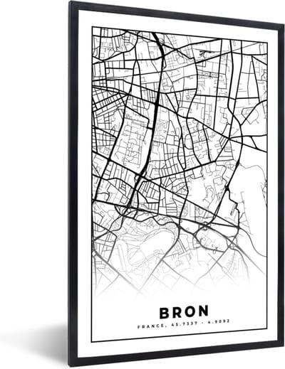 Fotolijst incl. Poster Zwart Wit- Plattegrond - Kaart - Frankrijk - Stadskaart - Bron - Zwart wit - 40x60 cm - Posterlijst