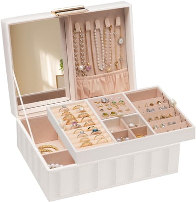 Dailygoody - Sieradendoos - Juwelendoos met 2 niveaus - Wit - PU met naden - Afneembaar dienblad - Geschikt voor dames - EWT15JB04G1