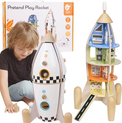 CLASSIC WORLD Houten rakethuis voor kinderen + beeldjes Akc.