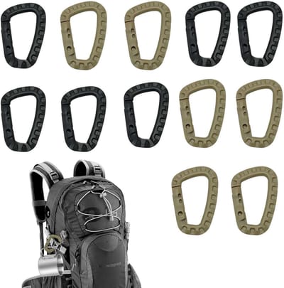 Set van 12 Lichtgewicht Carabiner Haken - Duurzame Haakclips voor Kamperen, Wandelen en Fietsen - Zwart en Khaki 84 x 56 mm