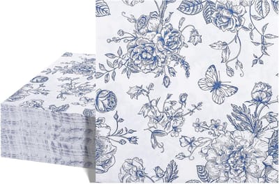 SnelShoppen - 40 Stuks Blauwe Bloem Cocktailservetten 6.5" Papieren Servetten voor Feest, Bruiloft, Baby Shower en Verjaardag