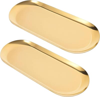 Decoratieve ovale make-upbak van roestvrij staal - 2 stuks, 22 cm, voor sieraden en cosmetica, stijlvolle organizer voor badkamer en dressing tafel