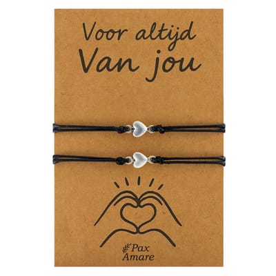 Vriendschapsarmbandjes voor 2 "Voor altijd van jou" - Kleine Hartjes - BFF Armbandjes met Cadeau Kaartje - Zwart & Zilverkleurig - Elastisch Verstelbaar - Pax Amare
