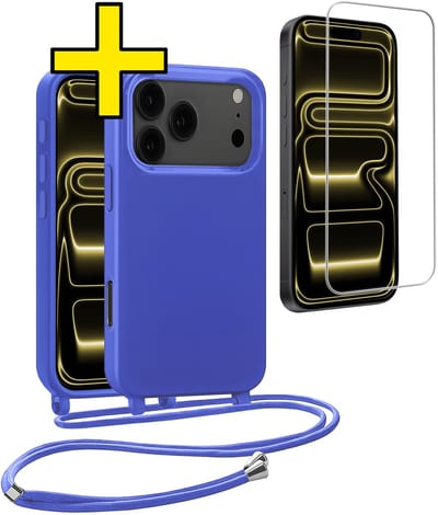Hoesje Geschikt voor iPhone 17 Pro Hoesje Met Koord Met Screenprotector Siliconen Case - Hoes Geschikt voor iPhone 17 Pro Backcover Met Afneembaar Koord - Felblauw