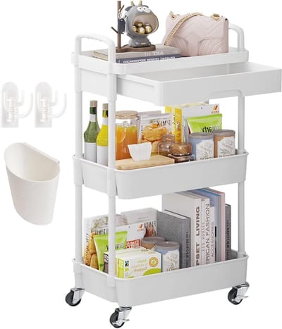 Opbergrek met Wielen - Dienblad Trolley - Huis Organiseren - Drie Lagen - 40 cm Diep - Wit