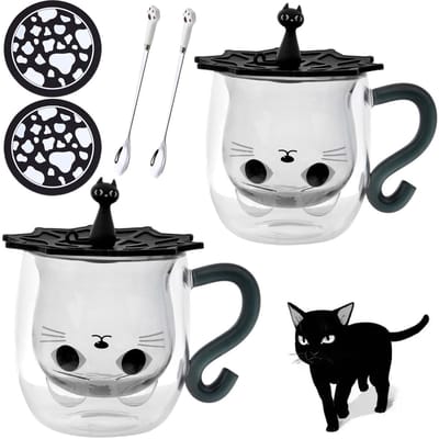 2 set kattenkopje glas dubbelwandige glazen zwart kat met oor koffiekopje met lepel onderzetter koffiemok kat glazen theekopje espressokopjes cadeau voor vrouwen