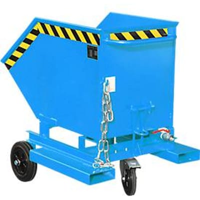 Spaanderbak Bauer SKW-ET 250, staal, blauw, B 1115 x D 820 x H 990 mm, 250 l, tot 300 kg, rollen, handmatig kiepen, met inrijvakken