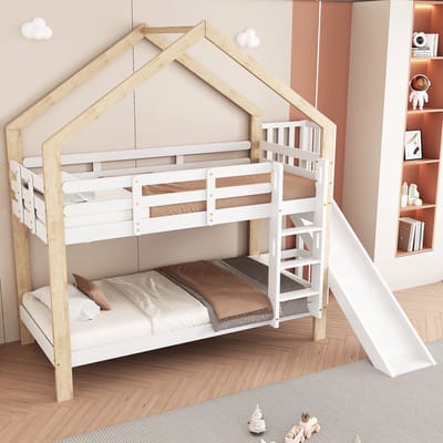 Etagenbett Met Rutsche - Huisdesign - 90x200 cm - Kinderbed Met Glijbaan - Massief Hout - Wit & Natuur - Met Drietraps Ladder & Valbeveiliging