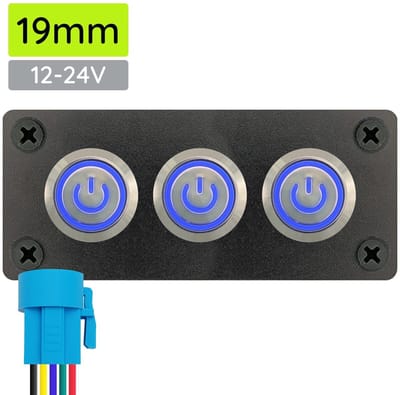 ProRide Metalen Pulsschakelaar 12-24V OFF-(ON) - Drievoudig Inbouwpaneel - 19mm - IP67 - LED indicatie Blauw