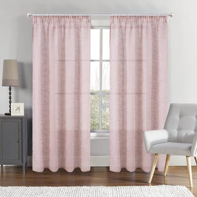SB Line Vitrage Gordijn – 140x260 cm – Met Plooiband – Lichtroze met geborduurd bloemmotief