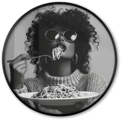 Poster in lijst Rond - Fotolijst 60x60 cm - Posters - Vrouw - Pasta - Zwart - Wit - Ronde posterlijst zwart - Decoratie - Wanddecoratie woonkamer - Muurdecoratie slaapkamer