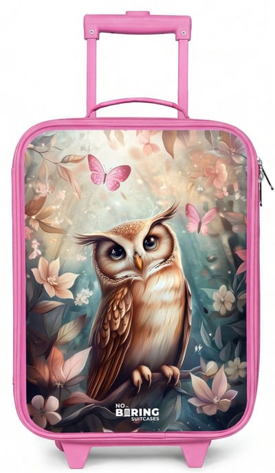 NoBoringSuitcases.com® - Kinderkoffer roze - Kindertrolley meisje - Uil met vlinders in mystiek bos - Koffer kind lichtgewicht - Reiskoffer trolley voor kinderen - Koffertje met lichtgevende wieltjes - Rolkoffer