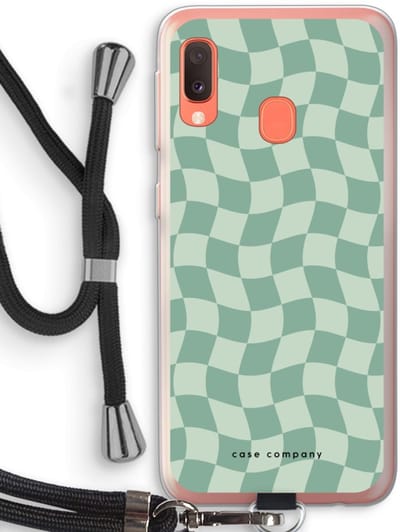 Case Company® - Hoesje met koord geschikt voor Samsung Galaxy A20e hoesje met Koord - Grid Groen - Telefoonhoesje met Zwart Koord - Bescherming aan alle Kanten en Over de Schermrand