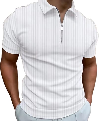 Moderne Heren Polo - Poloshirt - Wit - Rits - Korte Mouw - Trendy - Gestreept