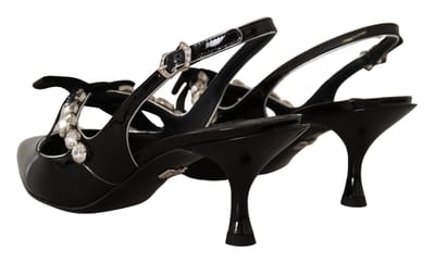 Dolce & Gabbana Zwarte Geëmailleerde Leer Crystal Slingbacks Schoenen