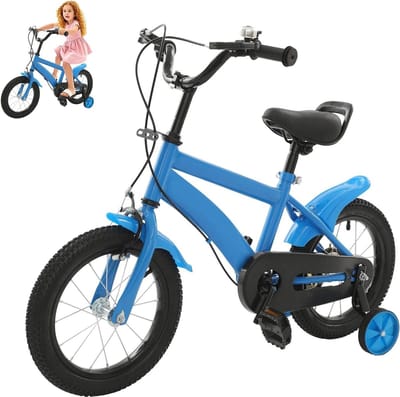 Kinderfiets 14 inch - Loopfiets Peuterfiets - Fietstraining Leren - Met Steunwielen - 43-49 cm - Blauw