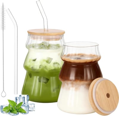 Glazen Koffiekoppen 500 ml met Deksel en Herbruikbare Rietjes - Transparante Ribbelbekers voor Iced Coffee, Bubble Tea en Smoothies - Set van 2