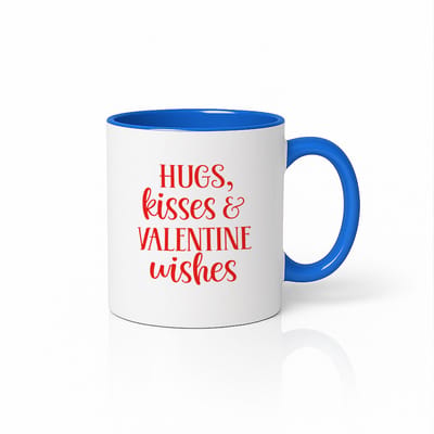 Hugs Kisses & Valentine Wishes Mok – Blauw & Wit Keramische Koffiemok 330 ml – Romantisch Valentijnscadeau