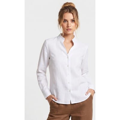 Brooks Brothers Slim Fit Linen Shirt With Stand Collar White Maat: M | Longsleeves Outlet | Dames | Wit