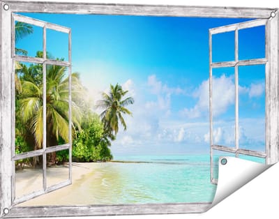 Gards Tuinposter Doorkijk Tropisch Strand bij de Licht Blauwe Zee - 90x60 cm - Tuindoek - Tuindecoratie - Wanddecoratie buiten - Tuinschilderij