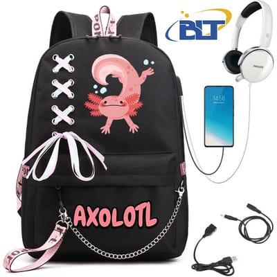 Schattige Axolotl bedrukte studentenschooltas voor meisjes zwarte rugzak usb kindertas casual tas terug naar school cadeau
