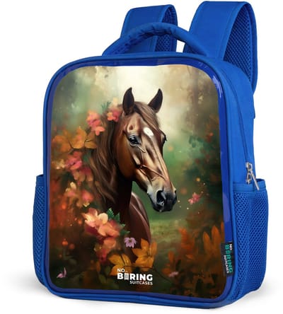 NoBoringSuitcases.com® - Rugzak blauw - Schooltas jongens - Bruin - Paard - Bloemen - Herfsttinten - Kinder rugtas jongen - Boekentas kind - Kinderrugzak voor school - Schoolrugzak
