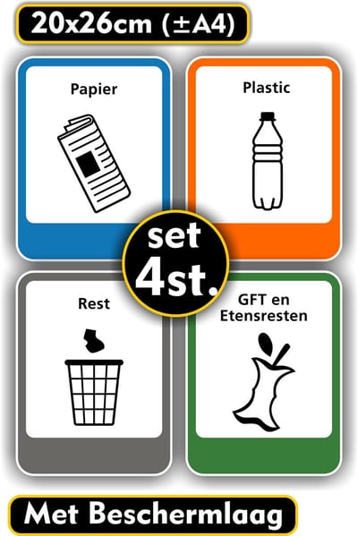 Jerma - Recycling - Sticker - Set 4 st - 20 x 26 cm - Duurzaam Vinyl - Zelfklevend - Weerbestendig