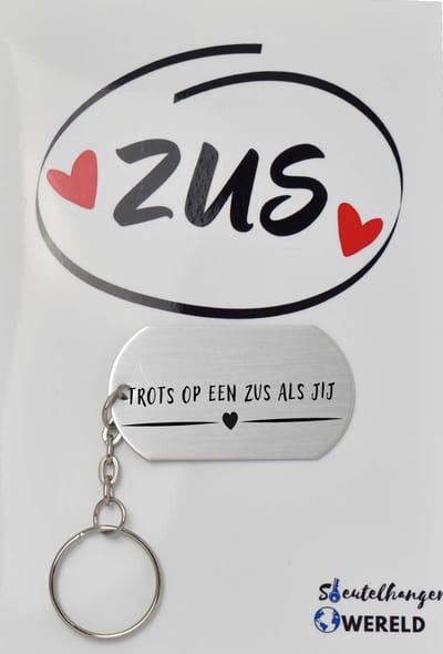 Trots op een zus als jij Sleutelhanger inclusief kaart - zus cadeau - cadeaupakket - verjaardag - Leuk kado voor je zus om te geven - 2.9 x 5.4CM