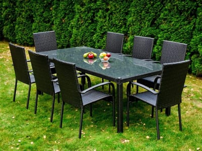 9-delige Tuin Eetset SOTTILE Zwart | Technorattan Tuintafel 200 cm met 8 Stoelen | Veiligheidsglas