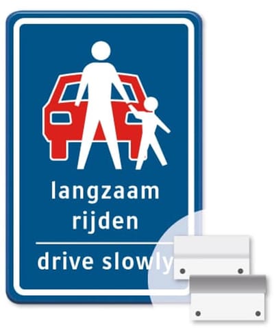 Bord Langzaam rijden - Drive slowly - blauw - Weerbestendig Aluminium - 40x60 cm - Bevestiging: Met muur-/ wandmontage beugels