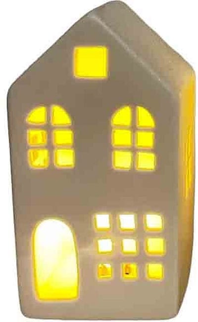 Home Society - LED Huisje - Wit - Keramiek - L - 20.5 x 7.3 x 10.7 cm - Skun