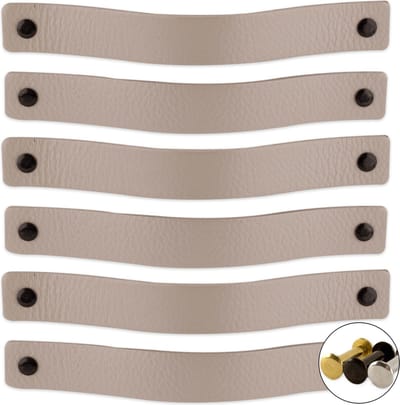 Leren handgrepen - Licht Grijs - 6 stuks - 20 x 2,5 cm - incl. 3 kleuren schroeven per grijze leren handgreep - Handgrepen leer - Leren meubelgreep - Leren handvaten kast - Leren lus - Handgreep kast leer - Leren greepjes - Handvat leer