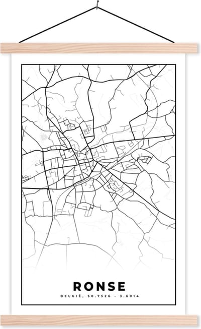 Posterhanger incl. Poster 40x60 cm - Schoolplaat - Plattegrond – Ronse – Zwart Wit – Stadskaart - Kaart - België - Textielposter - Blanke latten - Stadskaart