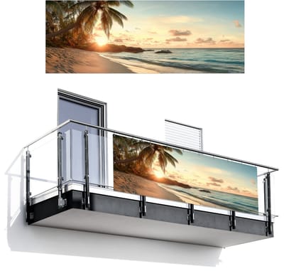 Balkonscherm 300x110 cm - Balkonposter Strand - Palmbomen - Oceaan - Zonsondergang - Balkon scherm decoratie - Balkonschermen - Balkondoek zonnescherm