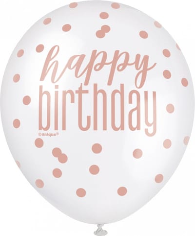 UNIQUE - 6 gelukkige verjaardag latex ballonnen met witte en roze stippen 30 cm