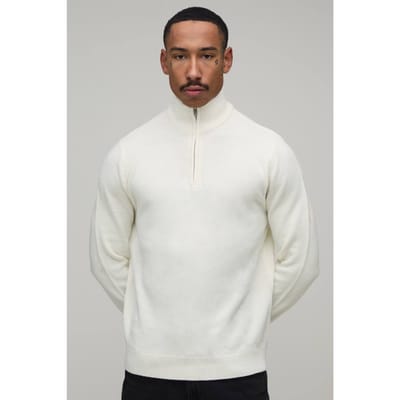Regular Fit 1/4 Rits Gebreide Trui | Ecru | Size XS