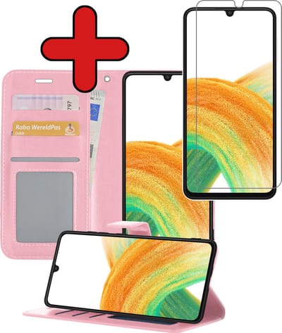 Hoesje - Met Screenprotector - Geschikt voor Samsung Galaxy A33 - Luxe Pasjeshouder - Flipcase - Bookcase Portemonee - Flip Case - Kunstleer Book Case - Book Cover - Walletcase - Portemonneehoes - Telefoonhoes - Lichtroze