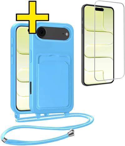 Hoesje Geschikt voor iPhone Air Telefoonhoesje Met Koord Case Pashouder Met Screenprotector Siliconen - Hoes Geschikt voor iPhone Air Hoesje Met Kaarthouder - Lichtblauw