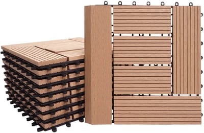 WPC vloertegel Rhone + afwerking, houtlook balkon/terras, 11x elk 30x30cm = 1m² Premium ~ teak offset